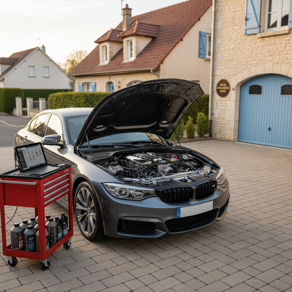 A clean, dark metallic car parked in front of a neat suburban house, its glossy bodywork reflecting the sky, with the hood open to reveal a meticulously maintained engine bay. A compact mobile tool cart is arranged beside the vehicle, with neatly organized wrenches, diagnostic tablet, and bottles of premium fluids. The scene is set on a tidy driveway in a small French town near Lyon, with subtle signage on the house wall indicating a local auto service business. Captured in photographic realism at eye level in soft late-afternoon natural light, the mood is professional and reassuring, with a shallow depth of field gently blurring nearby houses and greenery.