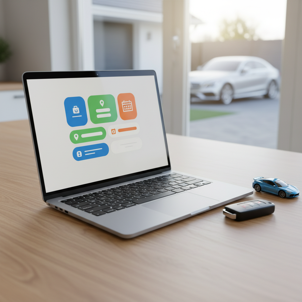 A stylish, modern laptop placed on a smooth wooden kitchen table beside a car key fob and a small model car, representing an online appointment form for mobile auto servicing. The laptop screen, shown without legible text, displays a clean interface with large, colorful blocks and icon-like shapes suggesting booking fields and contact details. In the softly blurred background, through a window, a real car is visible parked in the driveway, hinting at at-home service. Natural morning light streams in, creating a bright, welcoming, and trustworthy mood. Photographic realism, eye-level framing, and a shallow depth of field keep the focus on the booking concept.