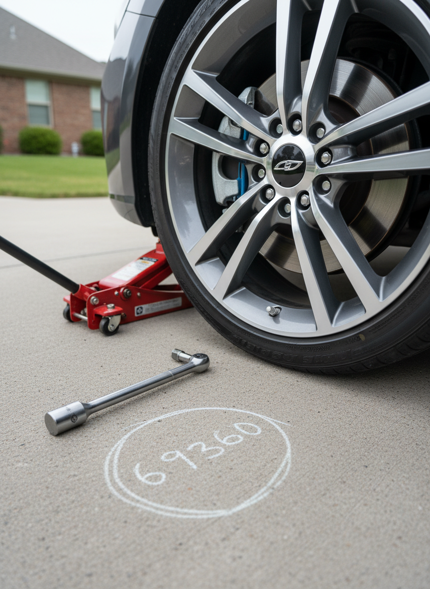 A detailed close-up of a modern car’s front wheel on a residential driveway, showing a freshly serviced brake disc and clean alloy rim, with a compact hydraulic jack and torque wrench positioned precisely nearby. The concrete surface is spotless, with a subtle chalk marking of the service area "69360" on the ground as a local touch. Soft overcast daylight creates even, diffused lighting with minimal harsh shadows, emphasizing metal textures and clean surfaces. Shot from a low, slightly angled perspective in photographic realism, the composition uses rule of thirds, conveying precision, safety, and the professionalism of at-home vehicle maintenance.