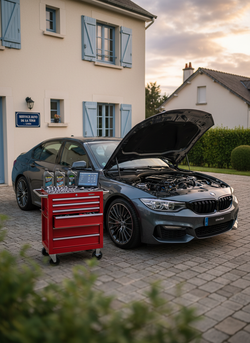 A clean, dark metallic car parked in front of a neat suburban house, its glossy bodywork reflecting the sky, with the hood open to reveal a meticulously maintained engine bay. A compact mobile tool cart is arranged beside the vehicle, with neatly organized wrenches, diagnostic tablet, and bottles of premium fluids. The scene is set on a tidy driveway in a small French town near Lyon, with subtle signage on the house wall indicating a local auto service business. Captured in photographic realism at eye level in soft late-afternoon natural light, the mood is professional and reassuring, with a shallow depth of field gently blurring nearby houses and greenery.