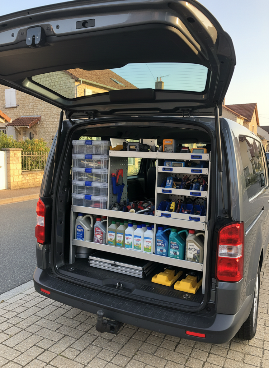 A well-organized mobile mechanic setup in the open trunk of a dark grey service van, parked on a quiet street in a small French town. Inside the trunk, custom shelves hold labeled tool cases, diagnostic equipment, and neatly lined bottles of oil and coolant. A folded portable workbench and wheel chocks are visible. The background shows typical Rhône suburban houses, subtly suggesting the 69360 area without explicit text signage. Golden hour sunlight bathes the scene, casting warm highlights and soft shadows. Photographic realism with a slightly elevated three-quarter angle and sharp focus throughout creates a confident, reliable, and highly professional atmosphere.