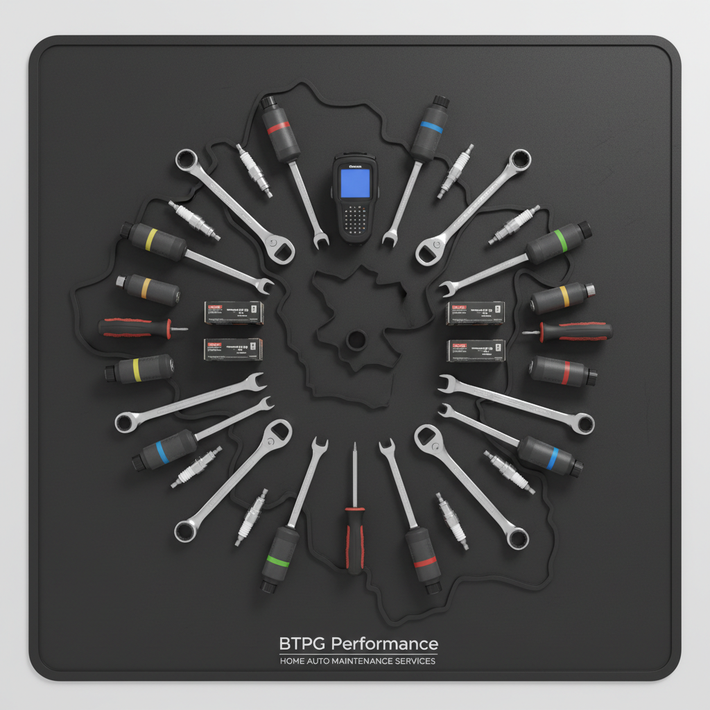 An overhead photographic view of a neatly arranged set of professional automotive tools laid out on a dark rubber workshop mat shaped subtly like a simplified map outline of the local service area around 69360. High-quality ratchets, sockets, spark plugs, diagnostic scanner, and bottles labeled only with color bands form an organized radial pattern. Soft studio lighting from above creates gentle reflections on the chrome and plastic surfaces without harsh glare, emphasizing order and expertise. The composition is symmetrical and graphic, with sharp focus from edge to edge, conveying precision, reliability, and the comprehensive nature of the home auto maintenance services offered by BTPG Performance.
