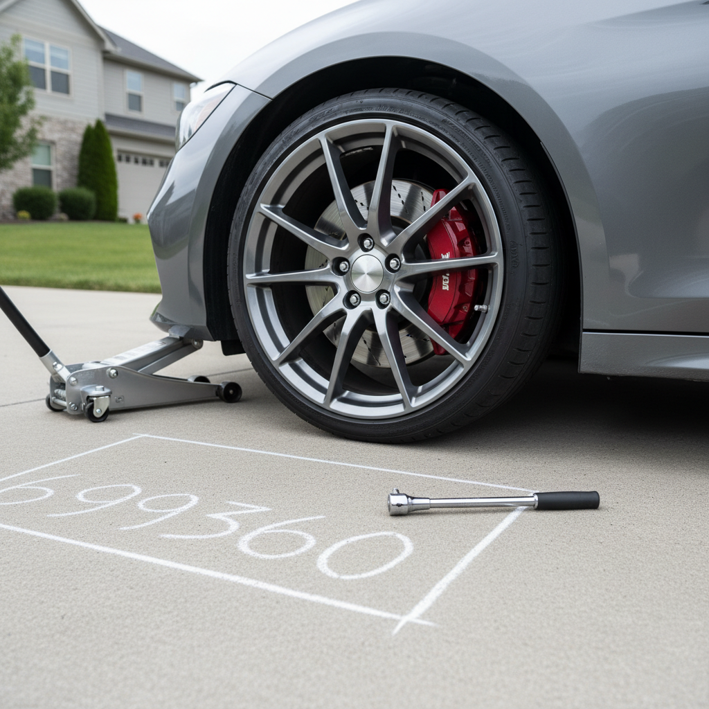 A detailed close-up of a modern car’s front wheel on a residential driveway, showing a freshly serviced brake disc and clean alloy rim, with a compact hydraulic jack and torque wrench positioned precisely nearby. The concrete surface is spotless, with a subtle chalk marking of the service area "69360" on the ground as a local touch. Soft overcast daylight creates even, diffused lighting with minimal harsh shadows, emphasizing metal textures and clean surfaces. Shot from a low, slightly angled perspective in photographic realism, the composition uses rule of thirds, conveying precision, safety, and the professionalism of at-home vehicle maintenance.
